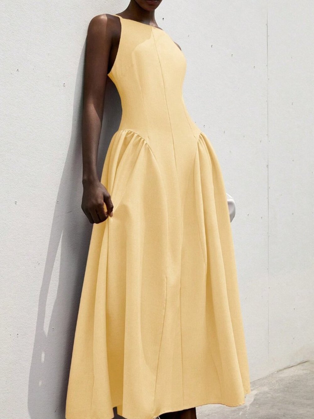 Yellow Casual Women's Shoulder-Baring Sleeveless High-Waisted Party Dress - Picture 4 of 5